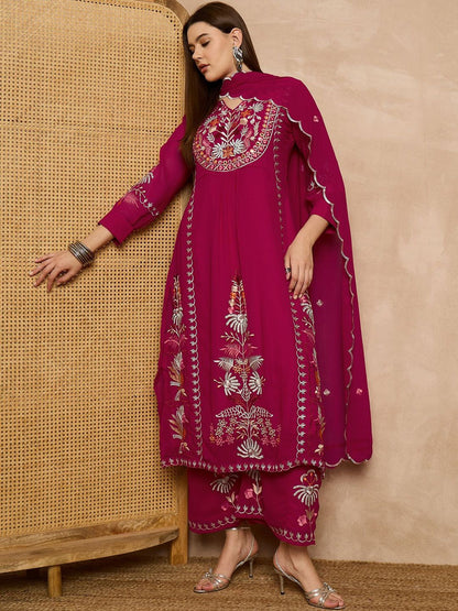 Dhiyona KL Floral Embroidered Thread Work Kurta with Palazzos & Dupatta