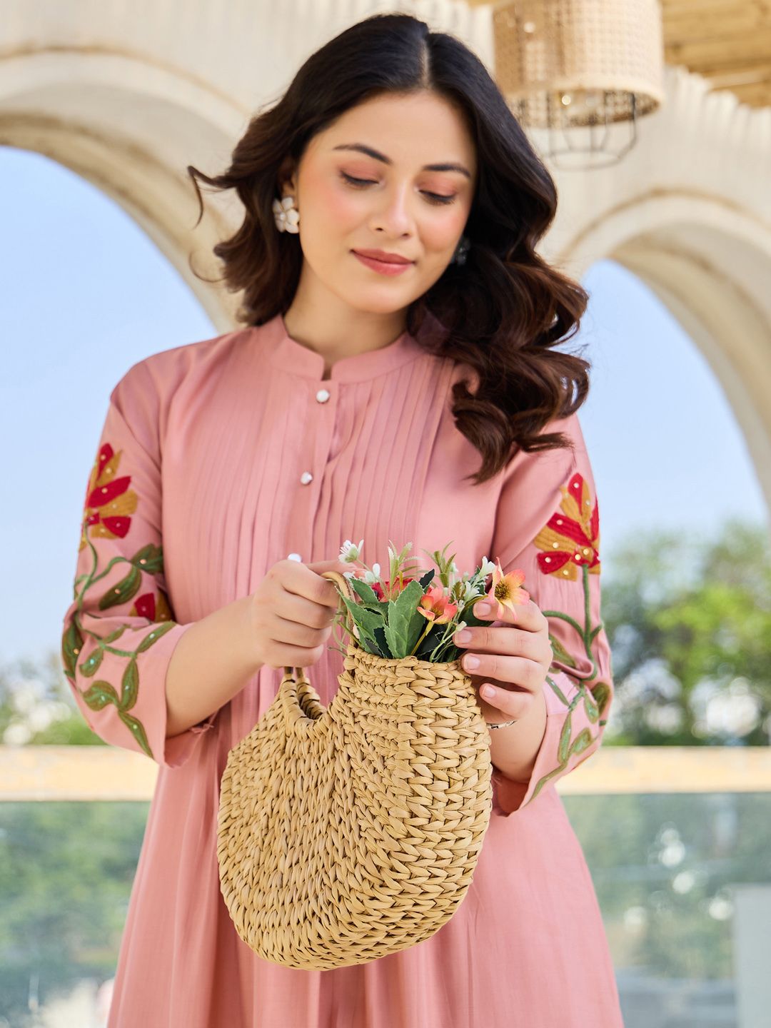 Dhiyona IE Women Floral Embroidered Thread Work Pure Cotton A-Line Kurta with Trousers
