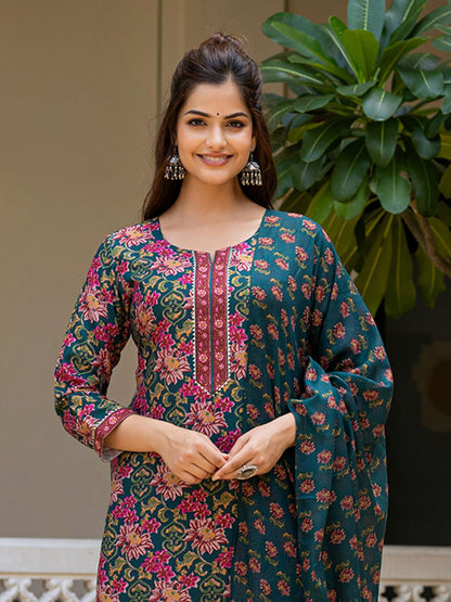 Dhiyona KL Women Floral Printed Regular Kurta with Trousers & Dupatta