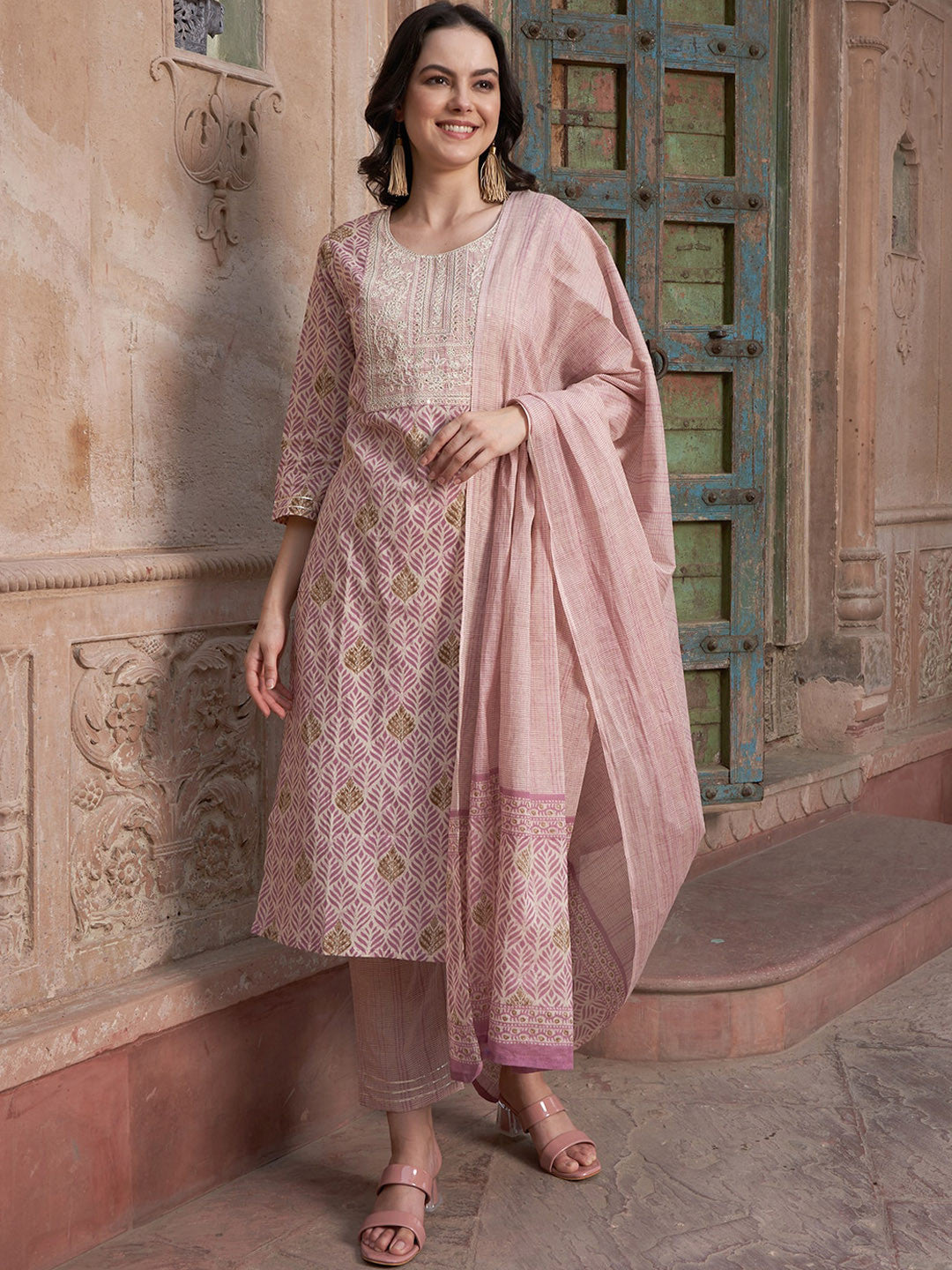 Dhiyona SN Mauve coloured Floral Printed Pure Cotton Kurta with Churidar & With Dupatta