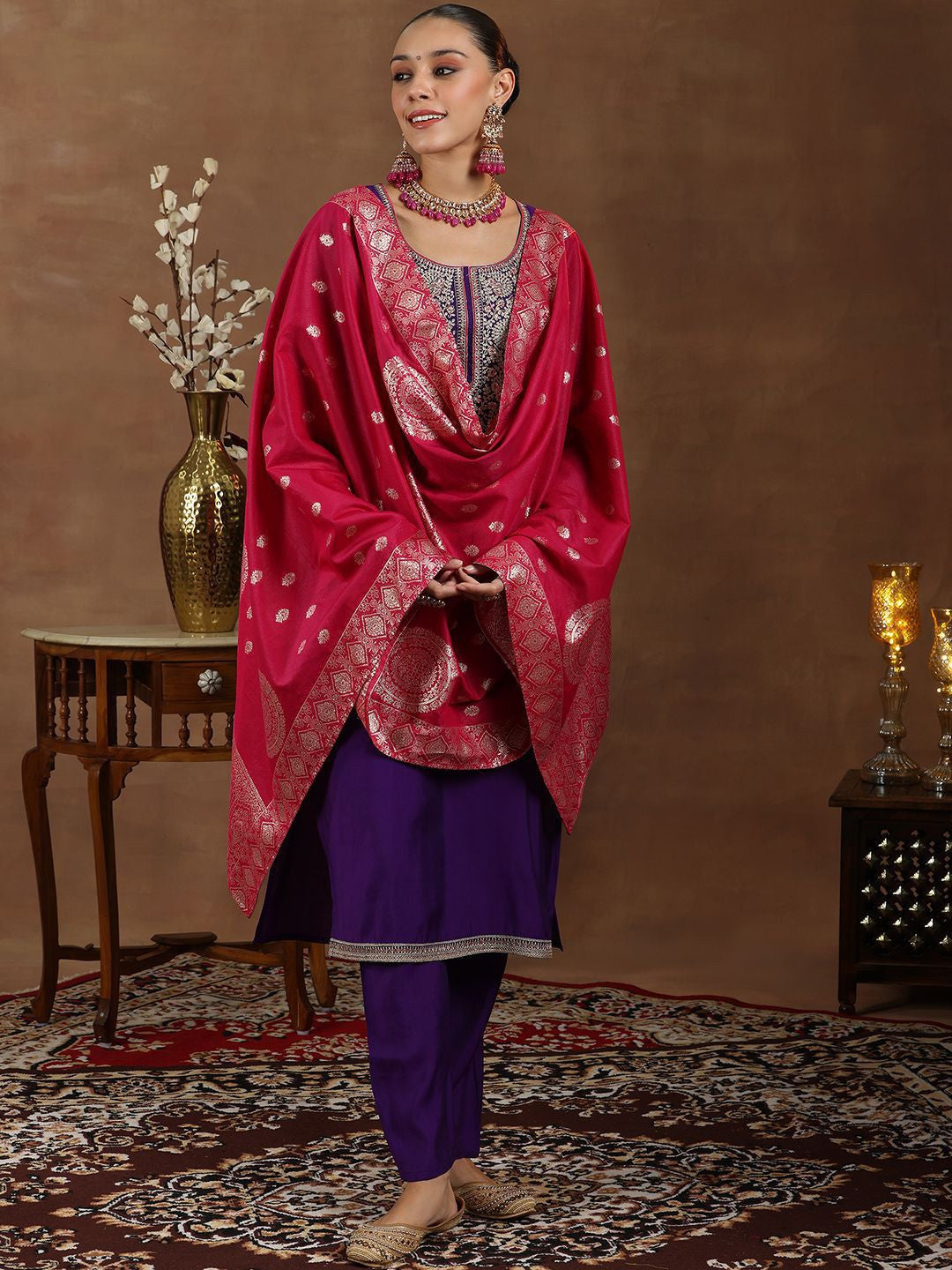Women Floral Yoke Design Regular Kurta with Trousers & Dupatta