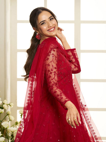 Dhiyona IN Floral Embroidered Round Neck Sequinned Anarkali Kurta With Palazzos & Dupatta