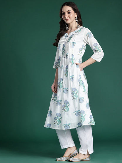 Dhiyona IE Floral Printed Pleated Pure Cotton Kurta with Trousers