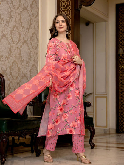 Dhiyona KL Floral Printed Mirror Work Straight Kurta With Trousers & Dupatta