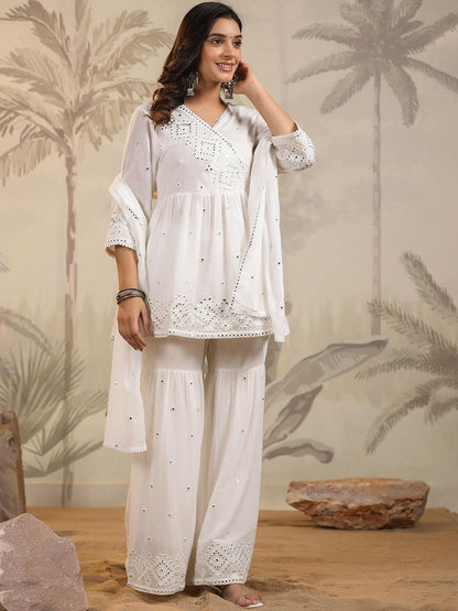 Dhiyona SC Embroidered Mulmul Cotton A-Line Angrakha Kurta With Sharara & Dupatta