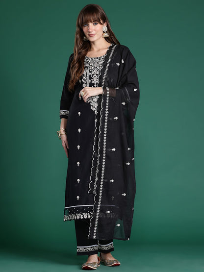 Floral Embroidered Pure Cotton Kurta with Trousers & Dupatta