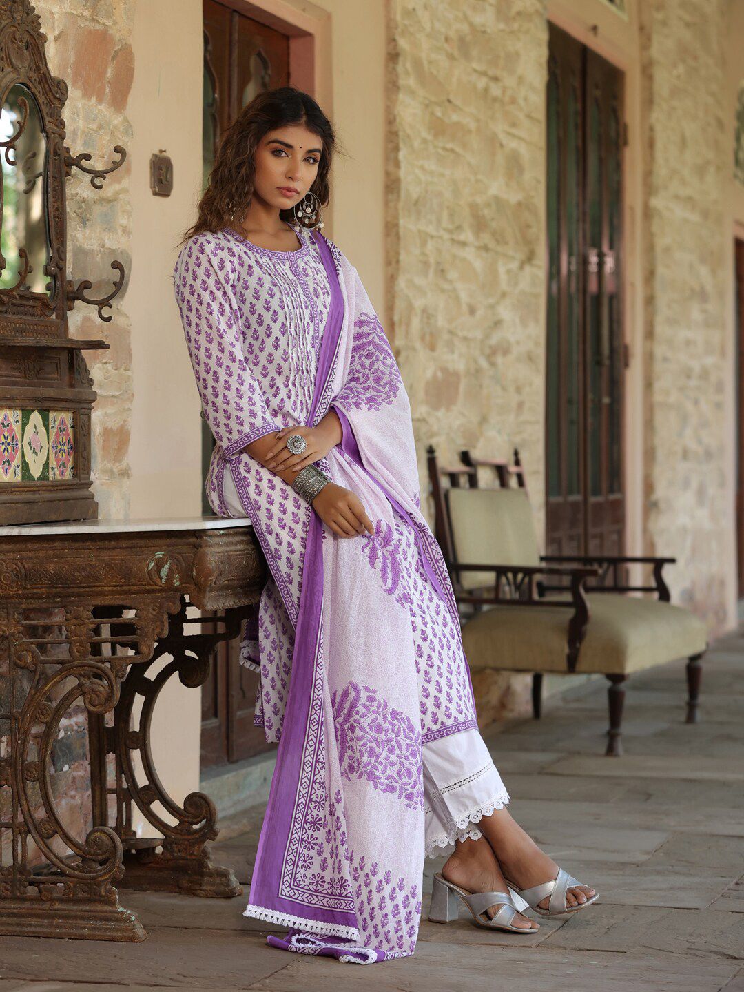 Dhiyona RR Women's Ethnic Motifs Printed Regular Pure Cotton Kurta with Trousers & Dupatta