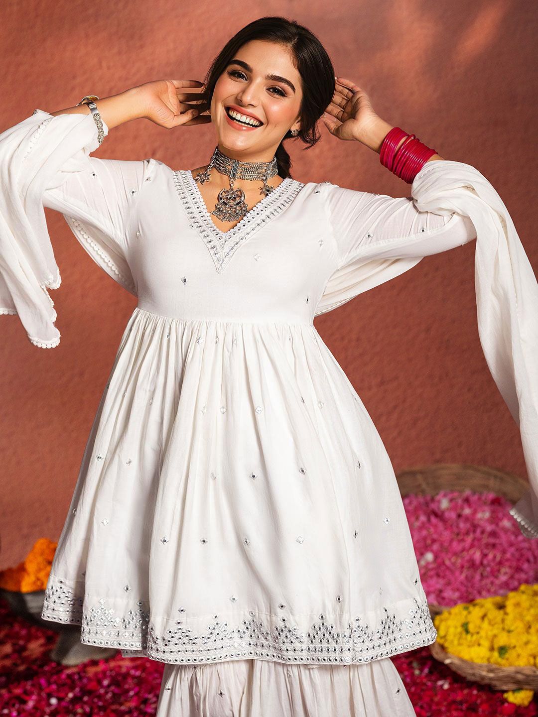 Dhiyona IS Women's Ethnic Motifs Embroidered A-Line Mirror Work Pure Cotton Kurta Set With Dupatta