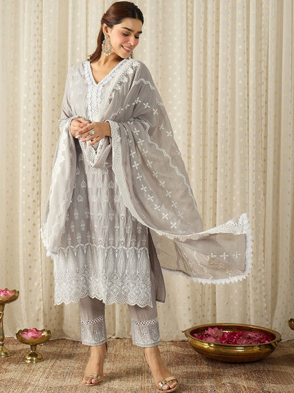 Women Ethnic Motifs Embroidered Regular Chikankari Pure Cotton Kurta with Trousers & With Dupatta