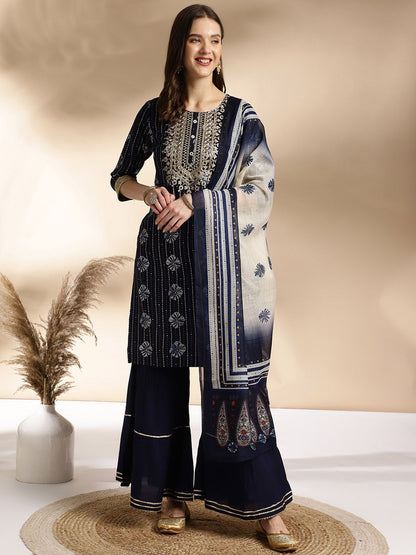 Dhiyona AN Blue Ethnic Motifs Embroidered Round Neck Straight Kurti With Sharara & Dupatta