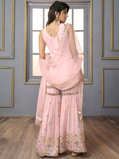 Dhiyona IN V-Neck Floral Embroidered Sequinned Detailed Kurta & Sharara With Dupatta