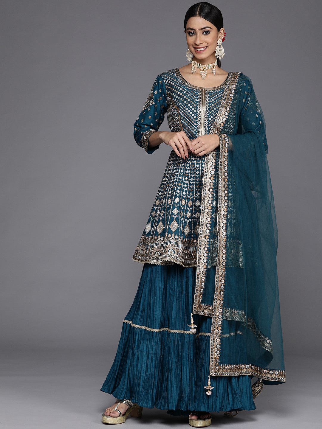 Women Teal Floral Embroidered Sequinned Pure Silk Kurta with Sharara & With Dupatta