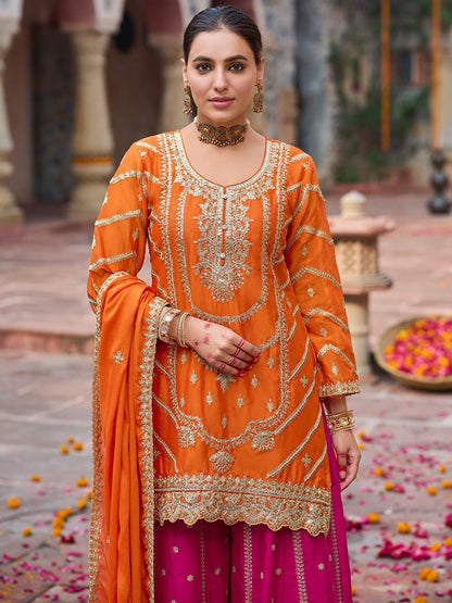 Floral Embroidered Sequinned Chinon Straight Kurta With Palazzos & Dupatta