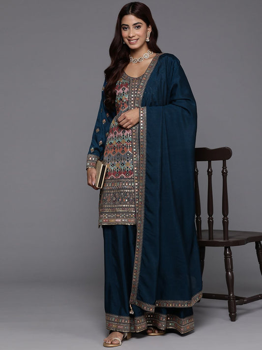 Dhiyona LL Ethnic Motifs Embroidered Sequinned Kurta with Palazzos & Dupatta