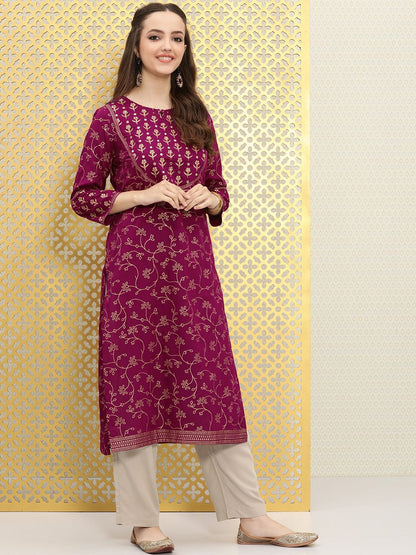 Dhiyona OD  Women Magenta Pink Floral Embellished Mirror Work Kurta