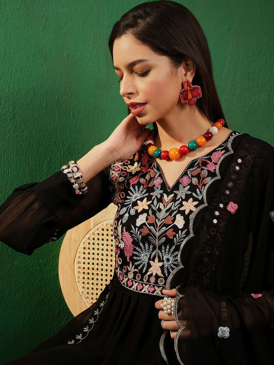 Dhiyona SN V Neck Floral Embroidered A Line Kurta with Palazzos & Dupatta