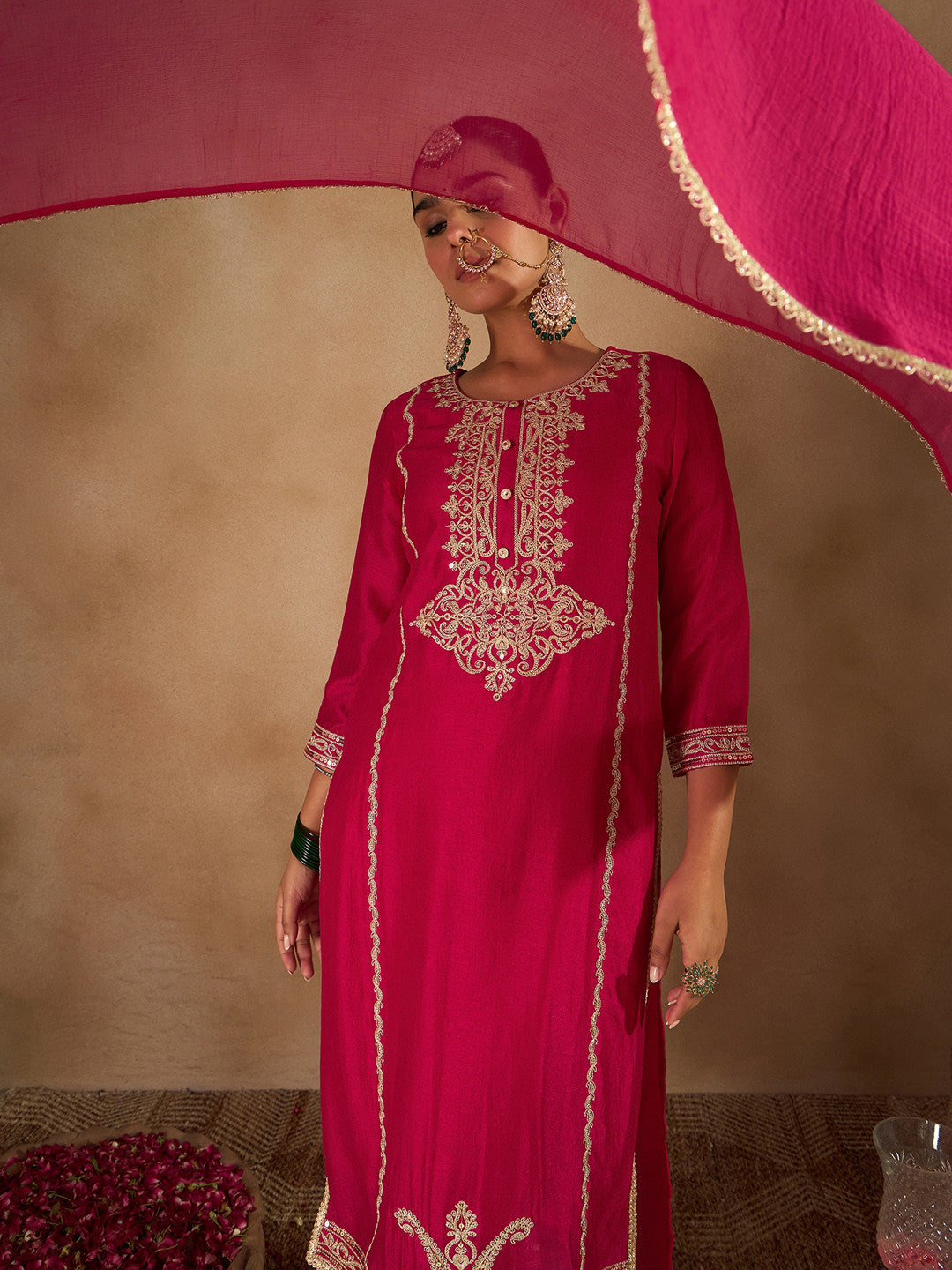 Women Embroidered Regular Kurta with Trousers & With Dupatta