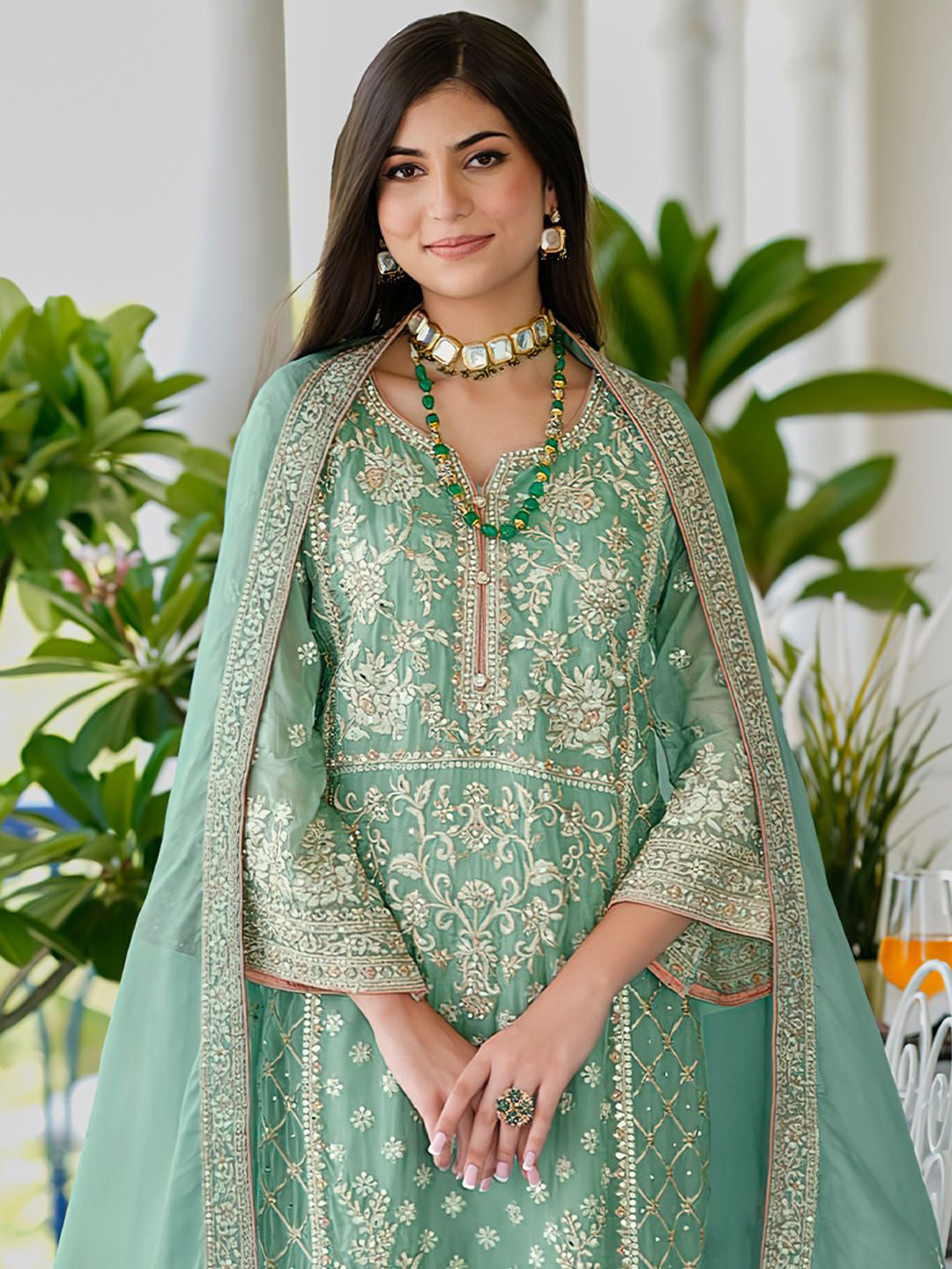 Zari Ethnic Motifs Embroidered Notch Neck Straight Republic Day Kurta With Trousers & Dupatta