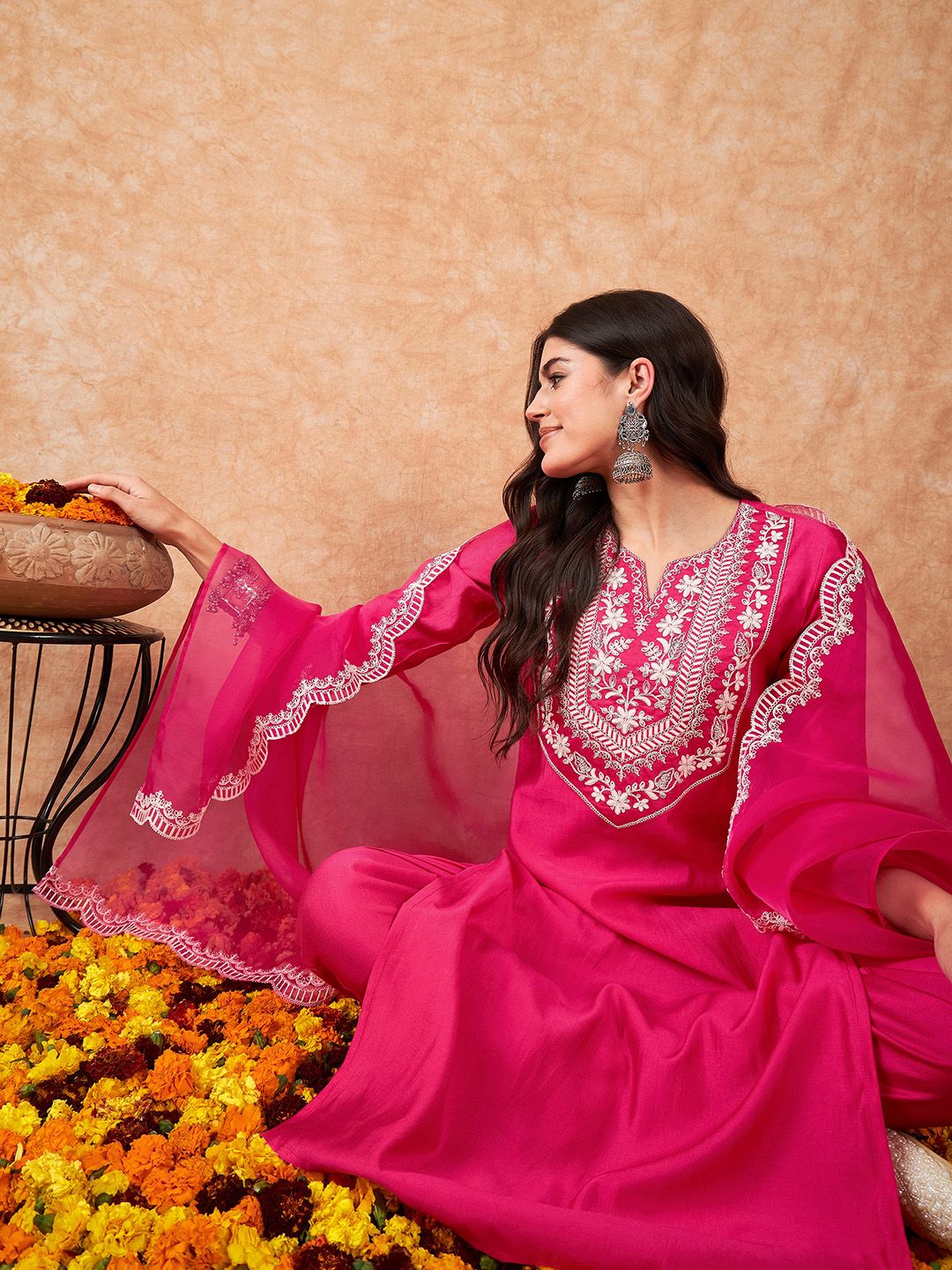 Dhiyona IE Floral Zari Embroidered Liva Kurta with Trousers & Dupatta