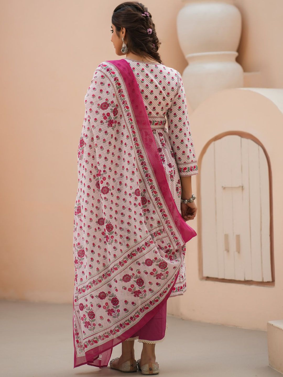 Dhiyona RR Women's Floral Printed Sequinned Pure Cotton A-Line Kurta With Trousers & Dupatta