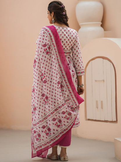Dhiyona RR Women's Floral Printed Sequinned Pure Cotton A-Line Kurta With Trousers & Dupatta