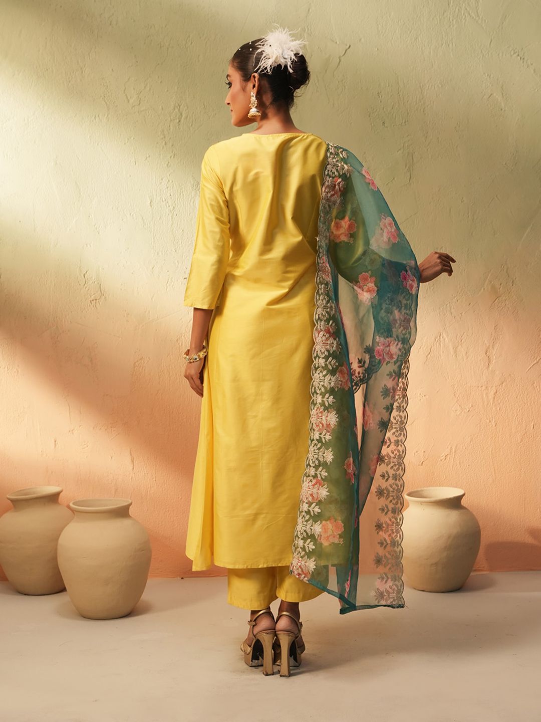 Dhiyona IS Women's Women V-Neck A-Line Kurta with Trousers & Dupatta