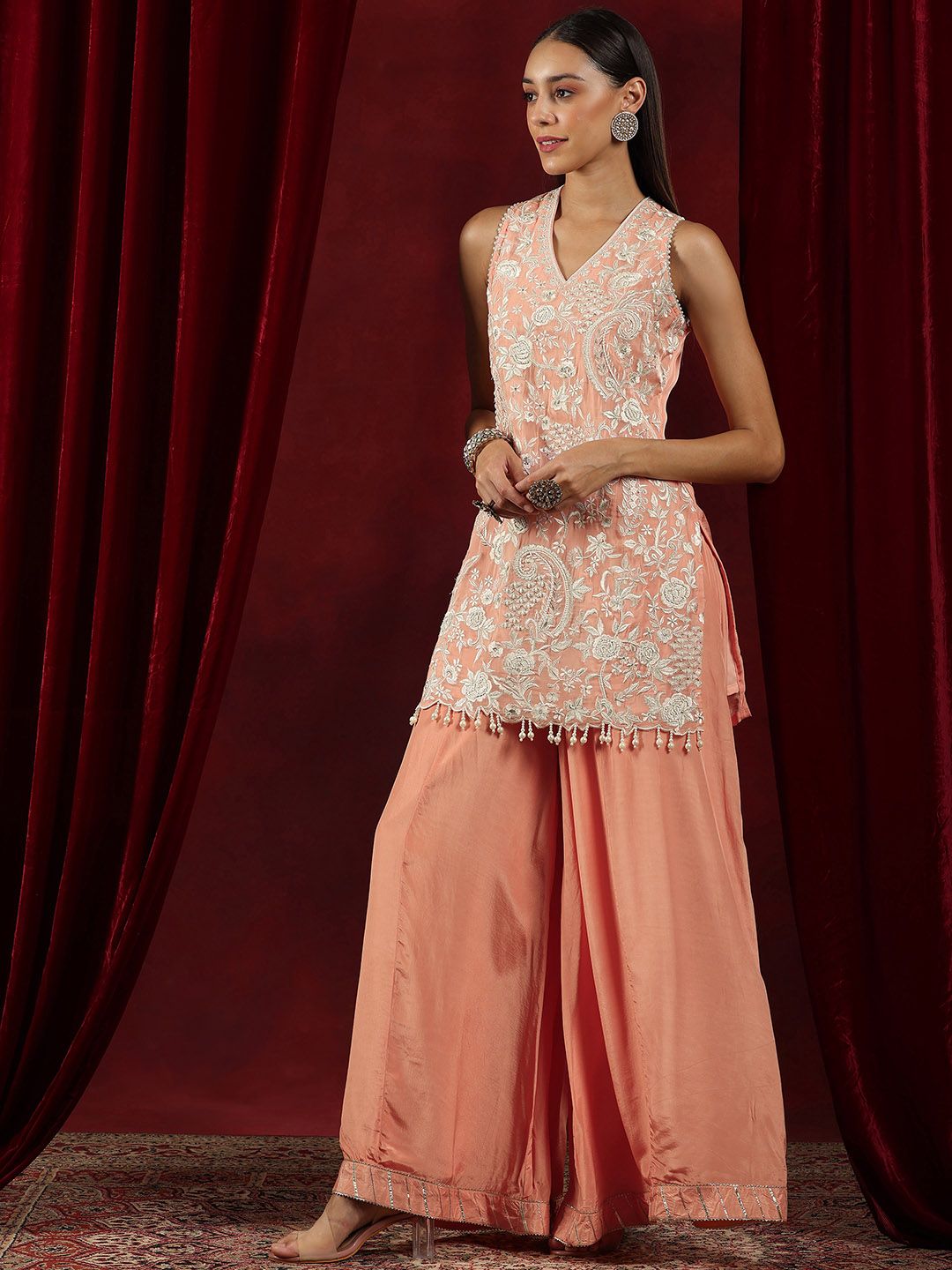 Dhiyona LL Floral Embroidered Beads And Stones Straight Kurta With Palazzos & Dupatta