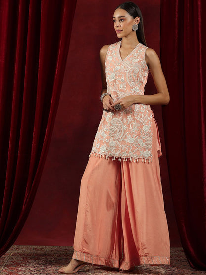 Dhiyona LL Floral Embroidered Beads And Stones Straight Kurta With Palazzos & Dupatta