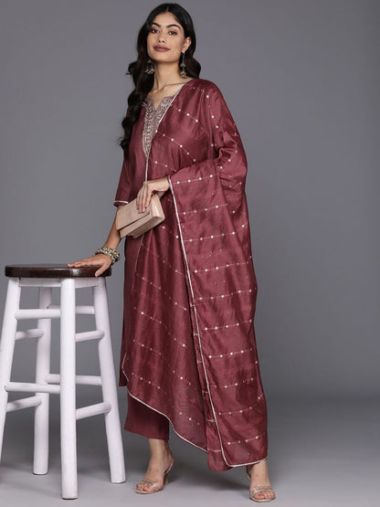 Floral Yoke Design Regular Sequinned Straight Kurta With Trousers & Dupatta