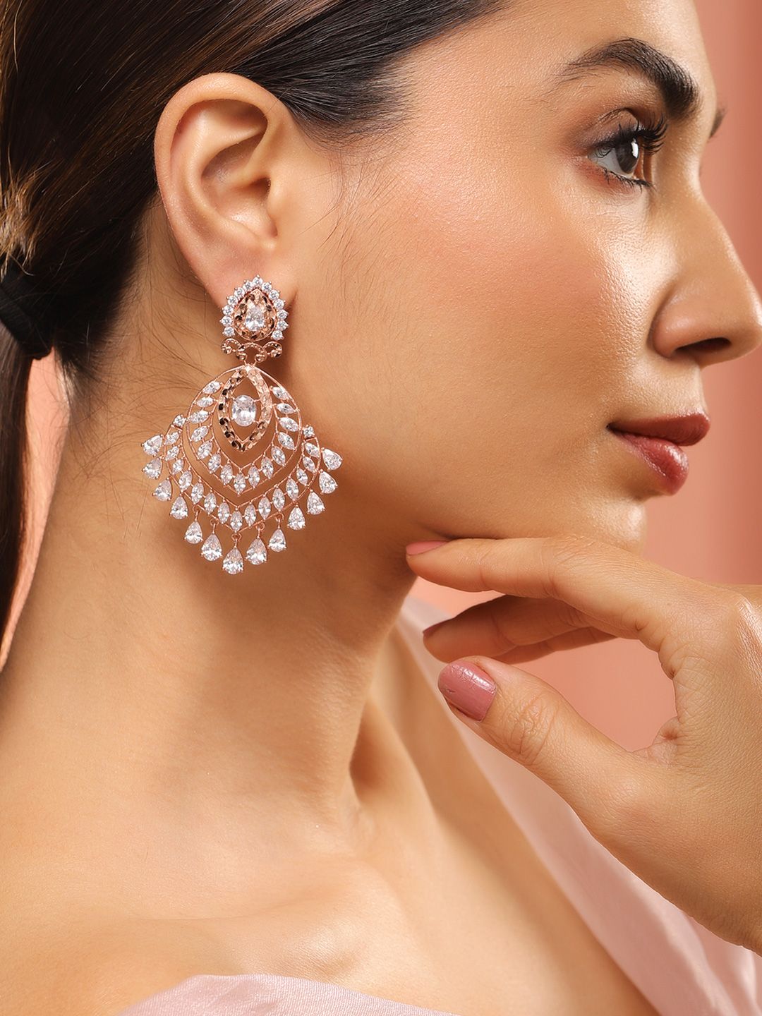Dhiyona RJ Women's 22K Rose Gold-Plated White Cubic Zirconia Studded Statement Chandelier Earrings