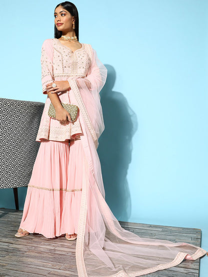 Dhiyona LL Womens Peach Embroidered A-Line Kurti With Sharara & Dupatta