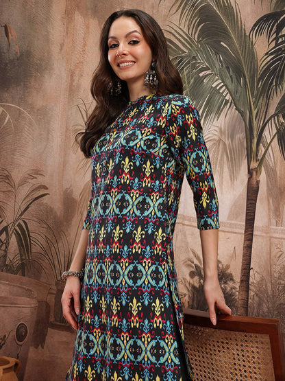 Floral Printed Band Collar Kurta with Salwar