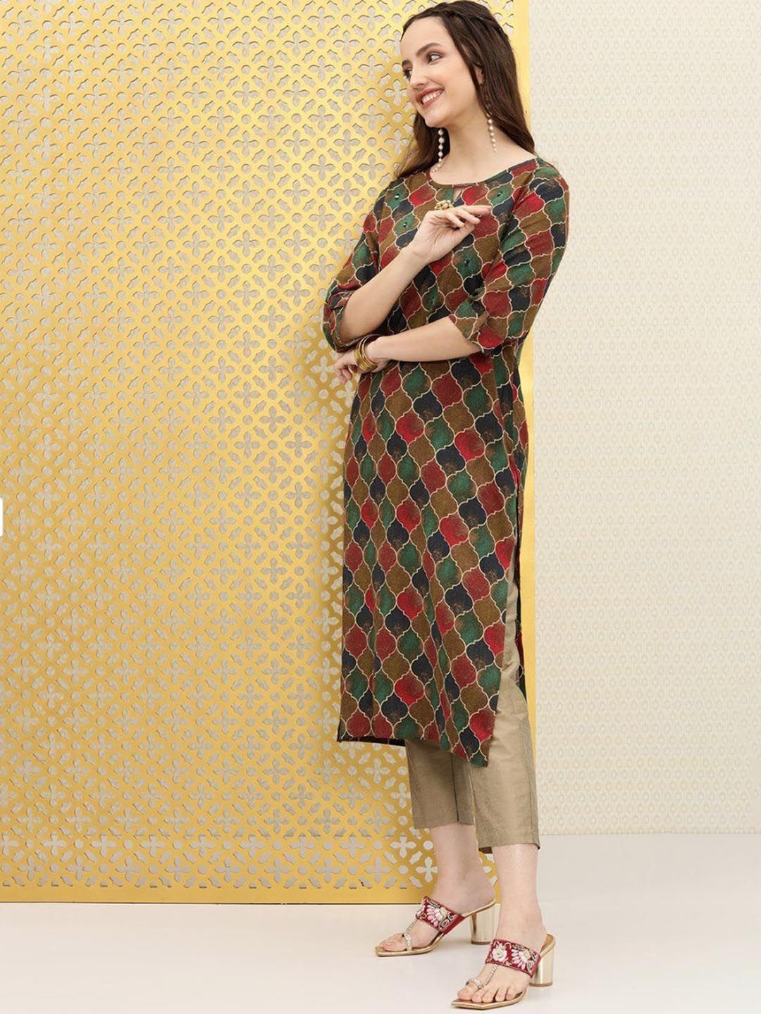 Dhiyona OD  Ethnic Motifs Printed Boat Neck Mirror Work Detailed Kurta