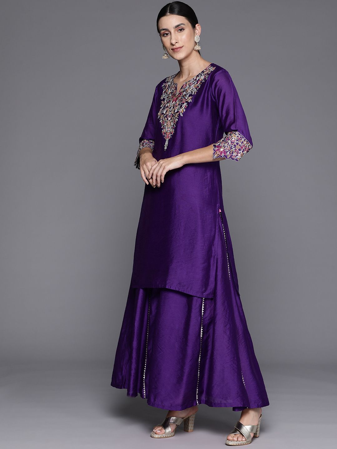 Dhiyona VA Women Floral Yoke Design Sequinned Chanderi Silk Kurta with Palazzos & Dupatta