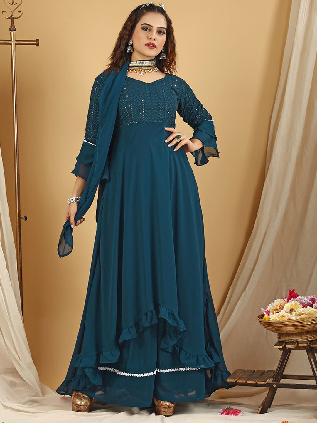 Dhiyona KL Floral Embroidered Regular Sequinned Anarkali Kurta With Palazzos & Dupatta