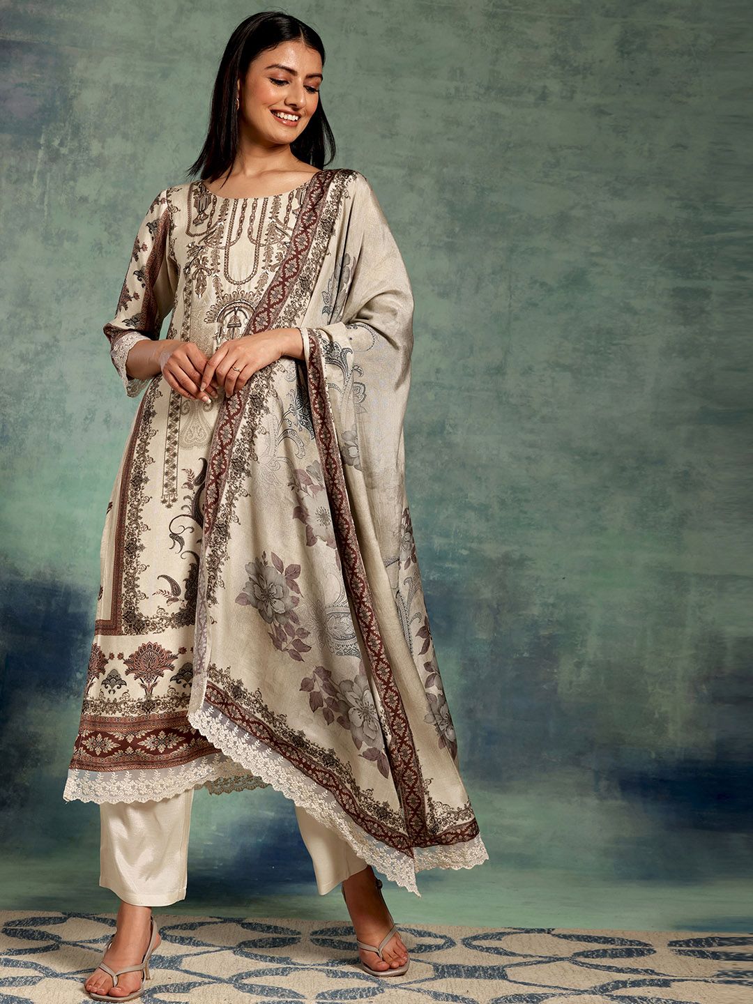 Dhiyona LL Beige Printed Ethnic Motifs Sequinned Straight Kurta With Palazzos & Dupatta