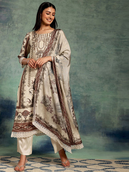 Dhiyona LL Beige Printed Ethnic Motifs Sequinned Straight Kurta With Palazzos & Dupatta