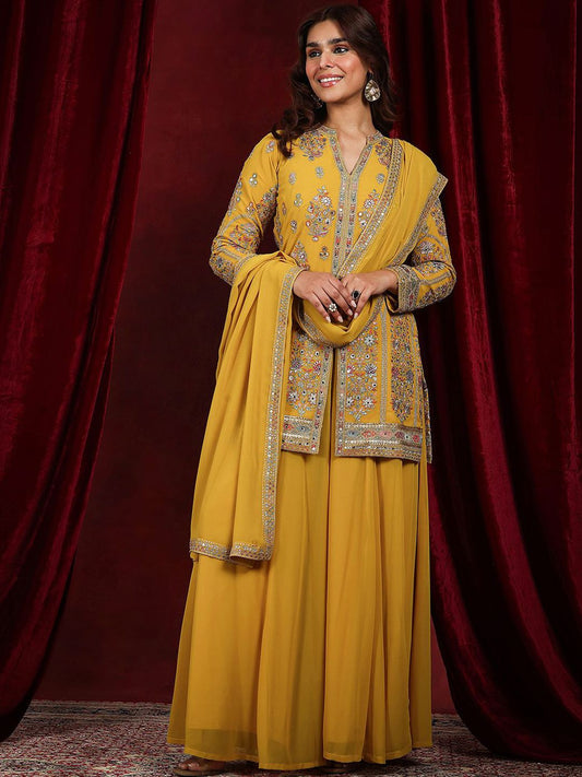 Dhiyona LL Floral Embroidered Mirror Work Georgette Straight Kurti with Palazzos & Dupatta