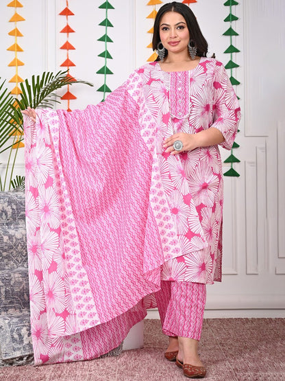 Dhiyona KL Floral Printed Pure Cotton Straight Kurta & Trousers With Dupatta