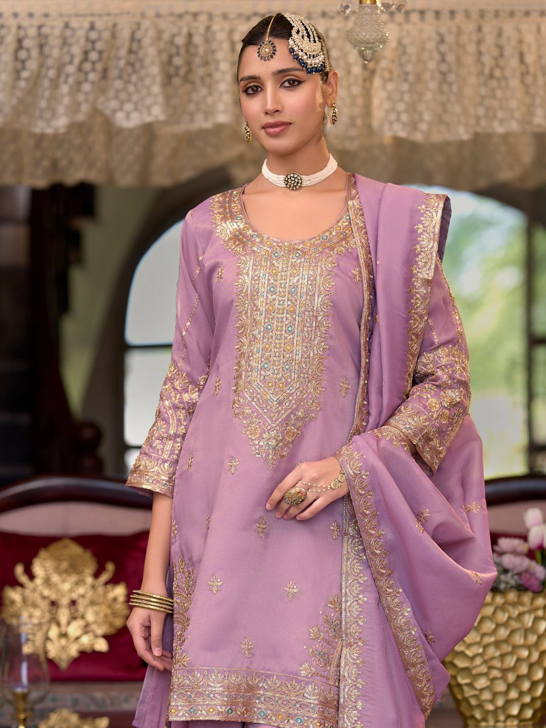 Dhiyona IE Ethnic Motifs Embroidered Sequinned Straight Kurta Palazzos With Dupatta