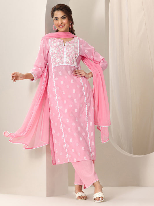 Floral Embroidered Notch Neck Jacquard Weave Straight Kurta With Trouser & Dupatta