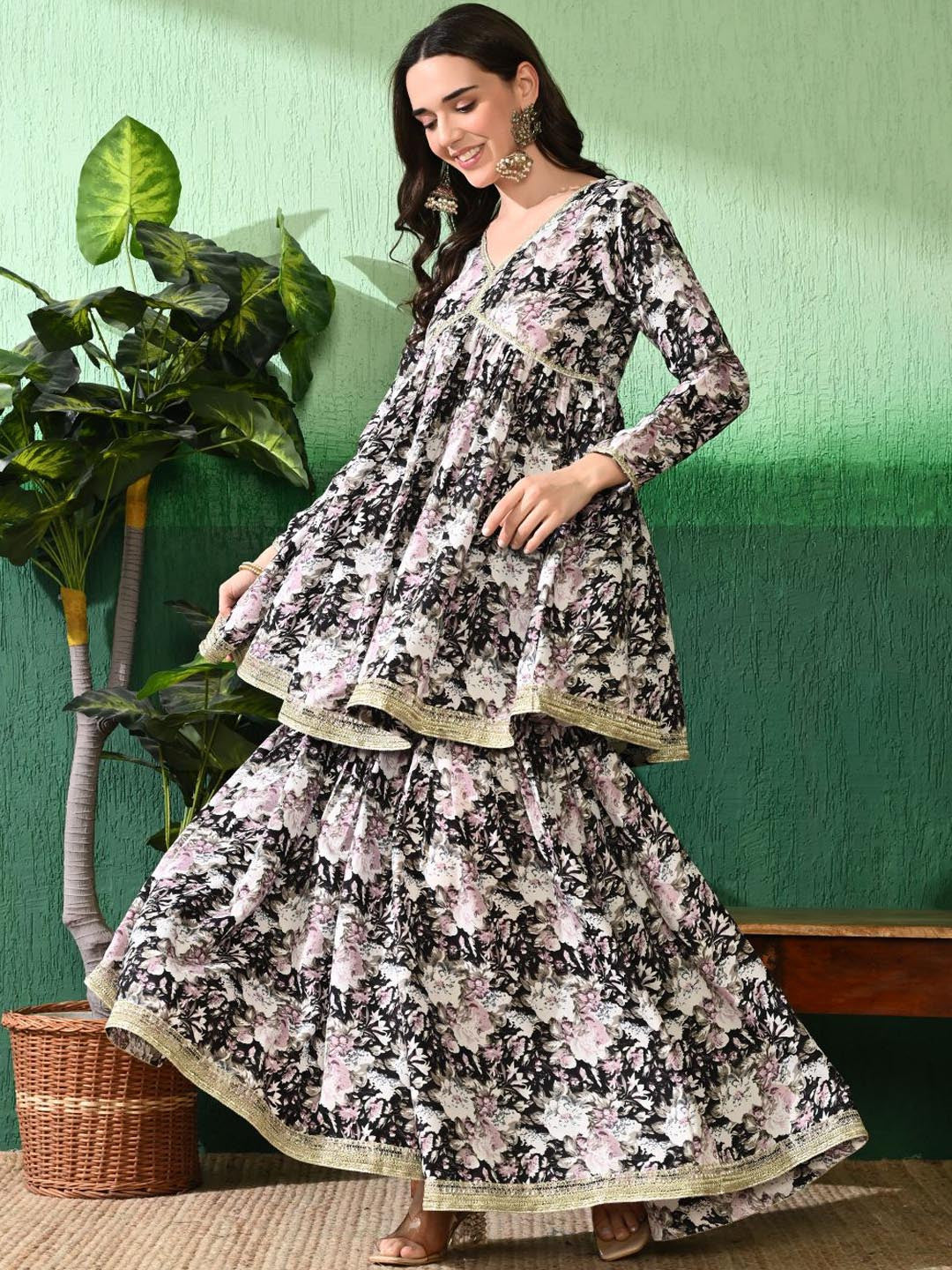 Floral Printed Empire V-Neck A-Line Kurta With Sharara
