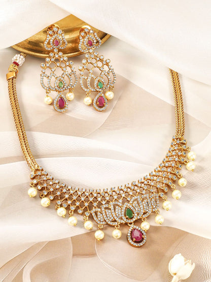Dhiyona RJ Women's 22KT Gold-Plated Cubic Zicronia Studded & Pearls Beaded Lotus Motif Jewellery Set