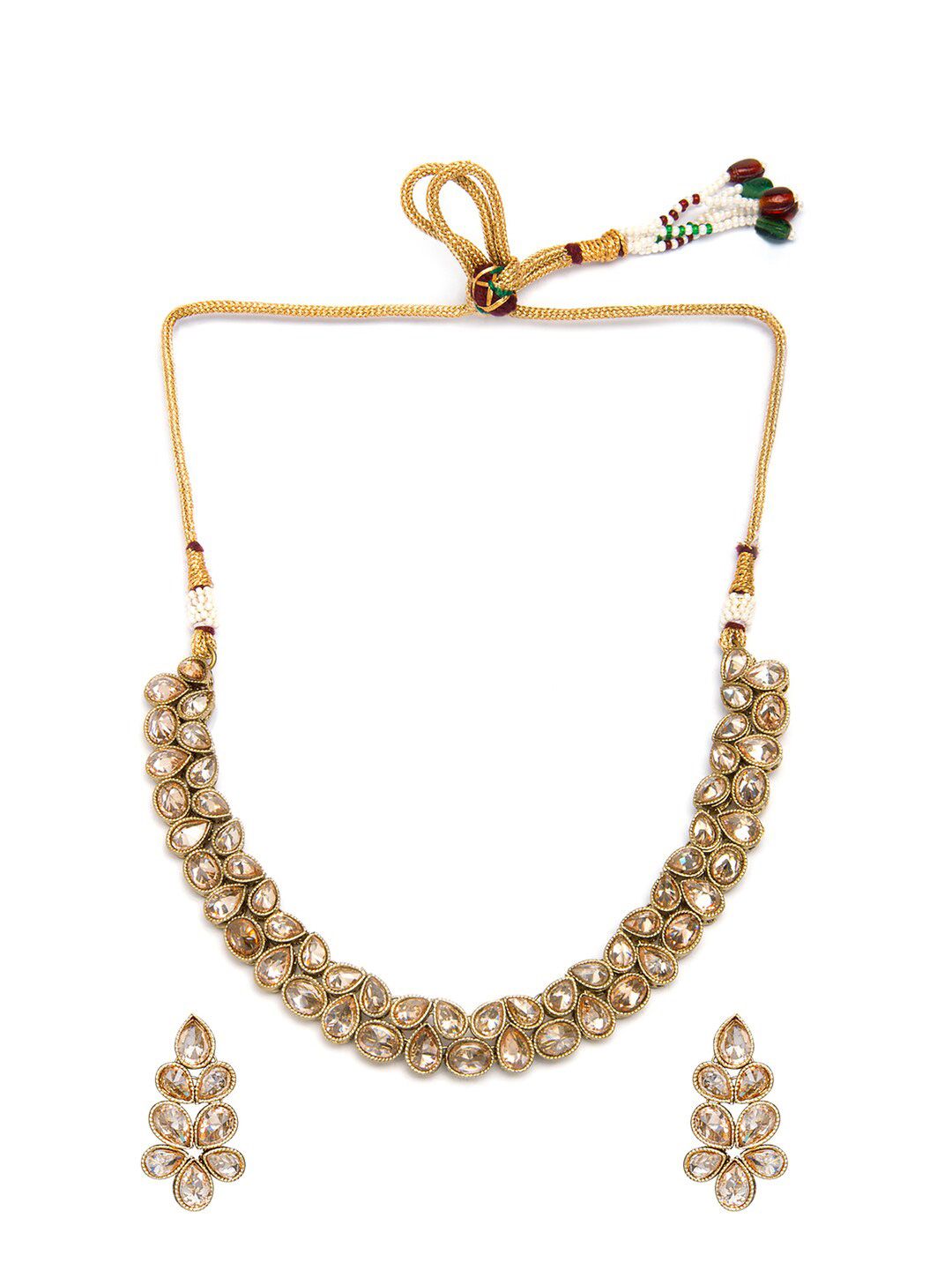 Dhiyona RJ Women's 22K Gold-Plated Kundan Stone Studded Necklace Set with Teardrop Shaped Earrings