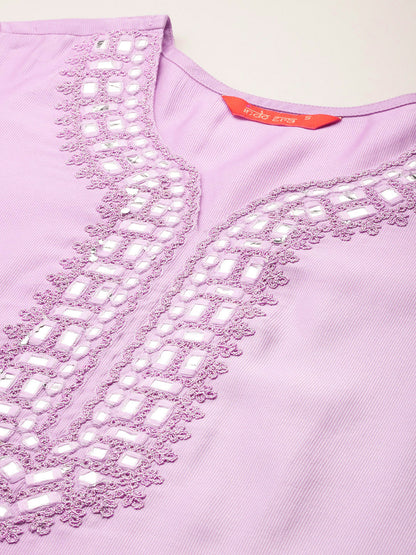 Yoke Design Mirror Work Liva Kurta With Trousers & Dupatta