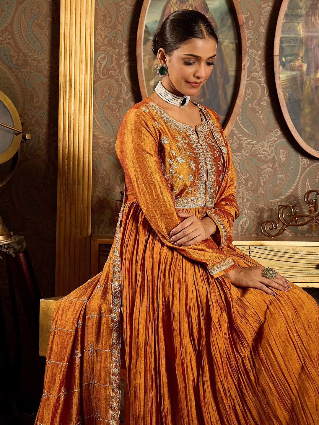 Floral Yoke Design Pleated Thread Work Anarkali Kurta With Trousers & Dupatta