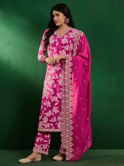Dhiyona SN Floral Printed Beads & Stones Zari Straight Kurta With Palazzo & Dupatta