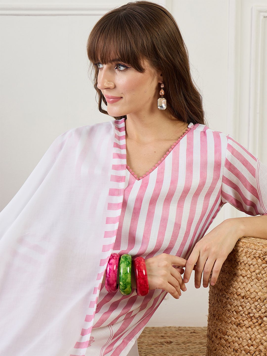 Dhiyona IE Striped Straight Kurta With Trouser & Dupatta