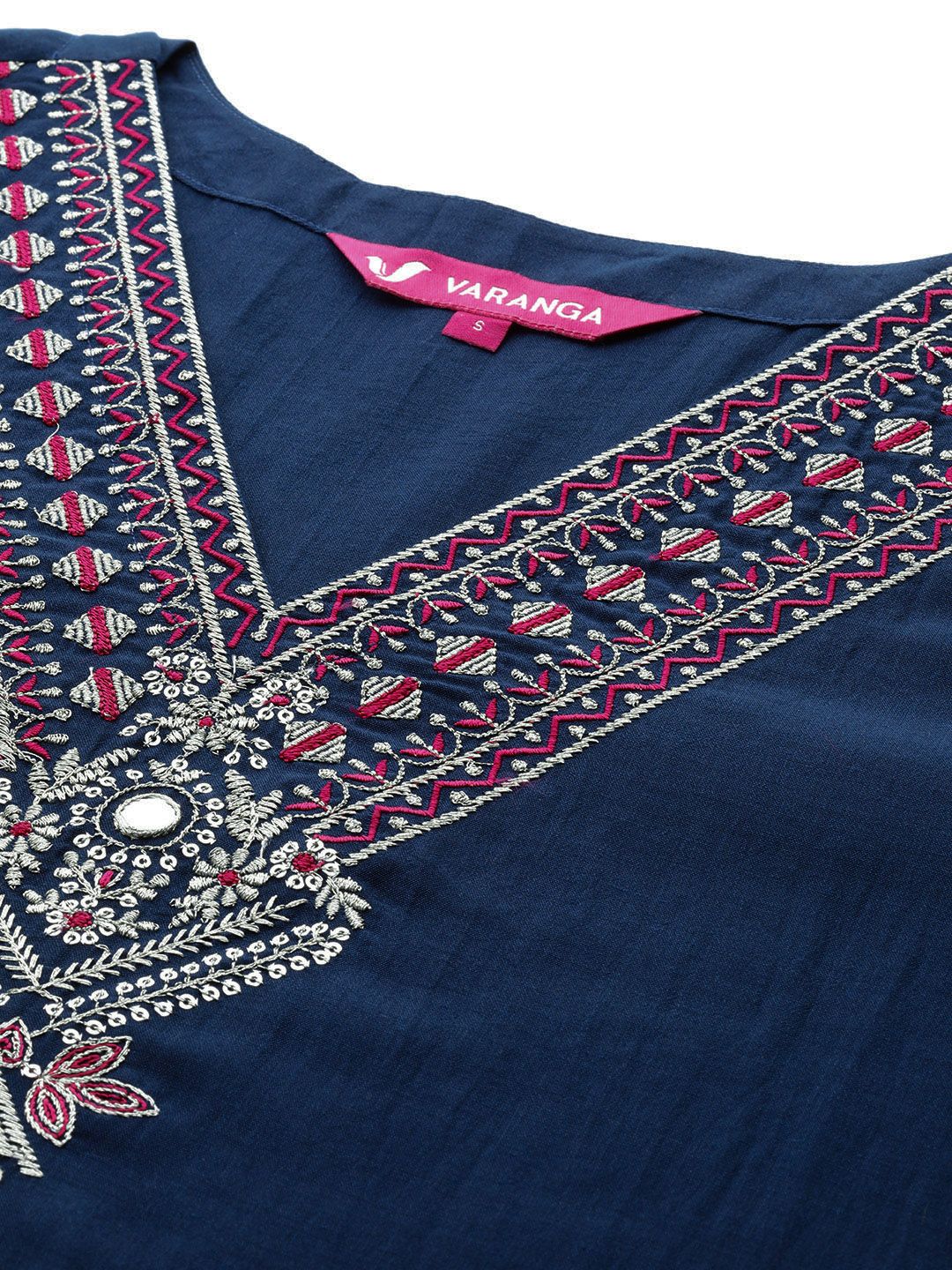 Navy Blue Women Ethnic Motifs Embroidered Regular Kurta with Trousers & With Dupatta