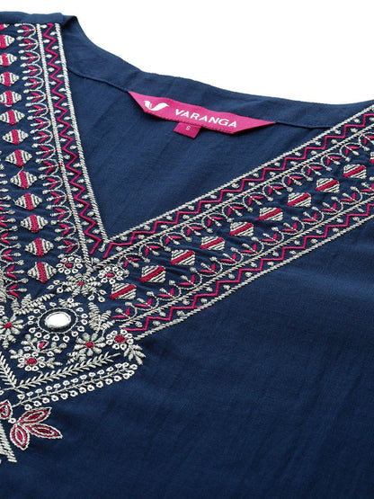 Navy Blue Women Ethnic Motifs Embroidered Regular Kurta with Trousers & With Dupatta